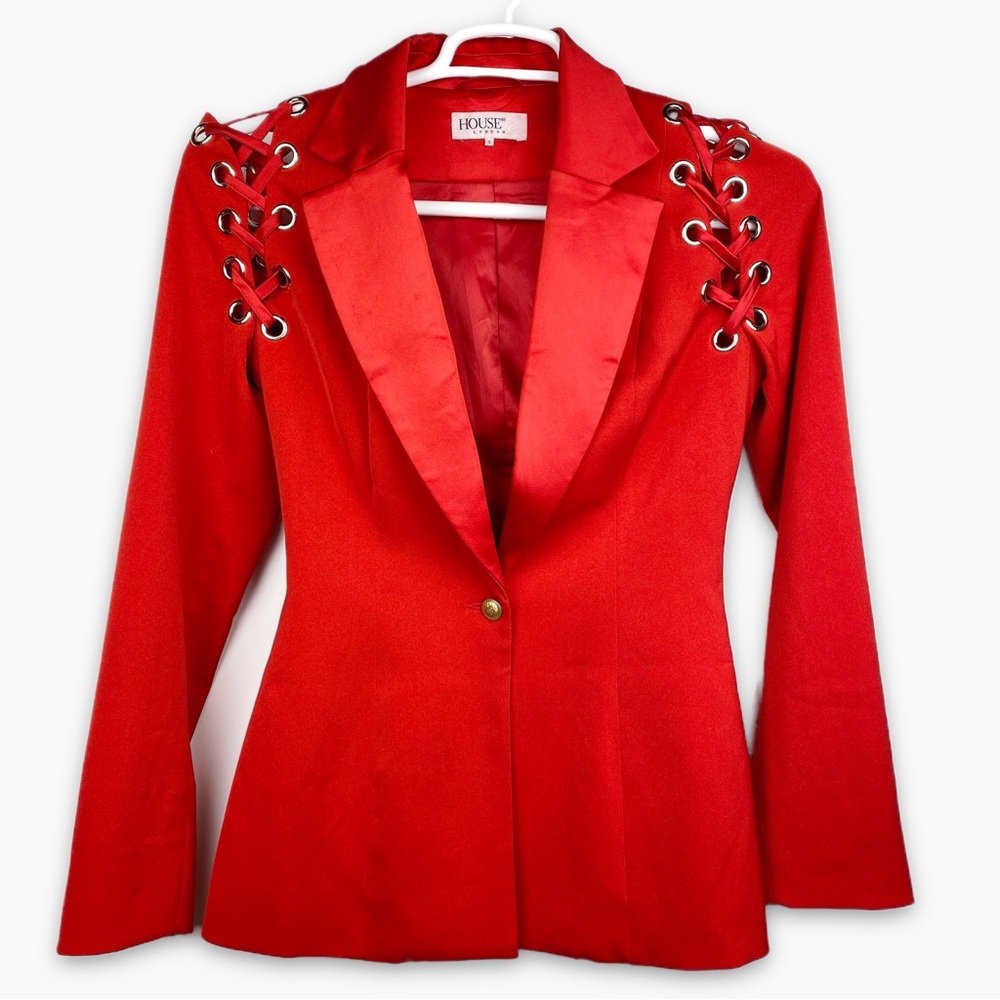 House of CB Blazer Women’s Red Size Small Grommet Lace Shoulder OR TRADE FOR XS